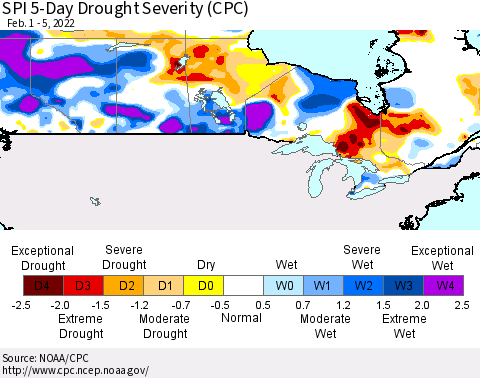 Canada SPI 5-Day Drought Severity (CPC) Thematic Map For 2/1/2022 - 2/5/2022