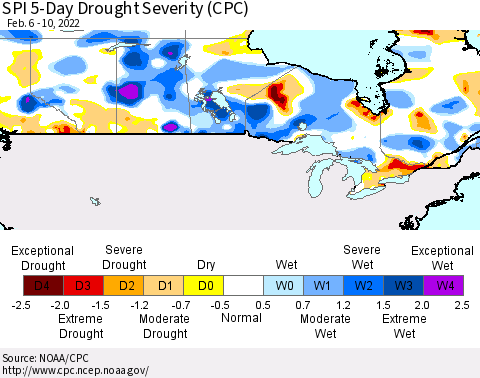 Canada SPI 5-Day Drought Severity (CPC) Thematic Map For 2/6/2022 - 2/10/2022