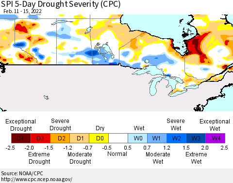 Canada SPI 5-Day Drought Severity (CPC) Thematic Map For 2/11/2022 - 2/15/2022