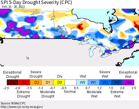 Canada SPI 5-Day Drought Severity (CPC) Thematic Map For 2/16/2022 - 2/20/2022
