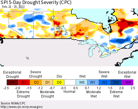 Canada SPI 5-Day Drought Severity (CPC) Thematic Map For 2/21/2022 - 2/25/2022