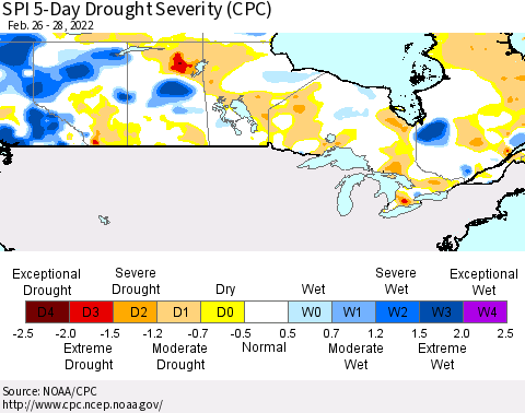 Canada SPI 5-Day Drought Severity (CPC) Thematic Map For 2/26/2022 - 2/28/2022