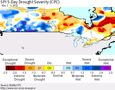 Canada SPI 5-Day Drought Severity (CPC) Thematic Map For 3/1/2022 - 3/5/2022