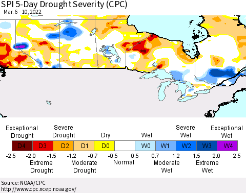 Canada SPI 5-Day Drought Severity (CPC) Thematic Map For 3/6/2022 - 3/10/2022