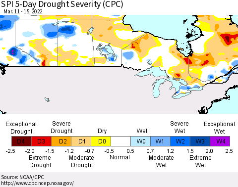 Canada SPI 5-Day Drought Severity (CPC) Thematic Map For 3/11/2022 - 3/15/2022