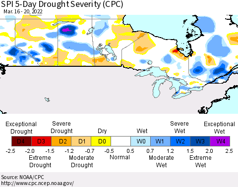 Canada SPI 5-Day Drought Severity (CPC) Thematic Map For 3/16/2022 - 3/20/2022