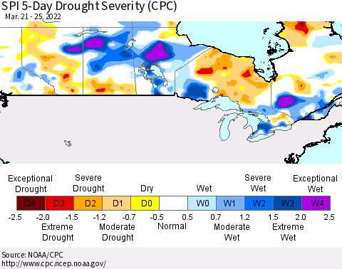 Canada SPI 5-Day Drought Severity (CPC) Thematic Map For 3/21/2022 - 3/25/2022