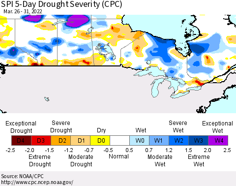 Canada SPI 5-Day Drought Severity (CPC) Thematic Map For 3/26/2022 - 3/31/2022