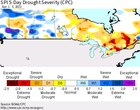 Canada SPI 5-Day Drought Severity (CPC) Thematic Map For 4/1/2022 - 4/5/2022