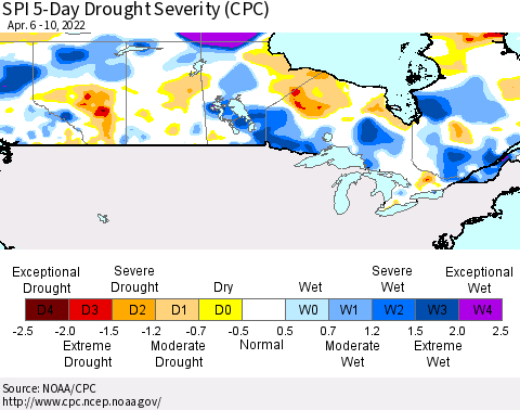 Canada SPI 5-Day Drought Severity (CPC) Thematic Map For 4/6/2022 - 4/10/2022