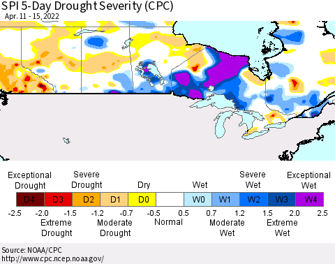 Canada SPI 5-Day Drought Severity (CPC) Thematic Map For 4/11/2022 - 4/15/2022