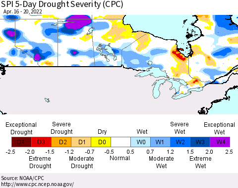 Canada SPI 5-Day Drought Severity (CPC) Thematic Map For 4/16/2022 - 4/20/2022