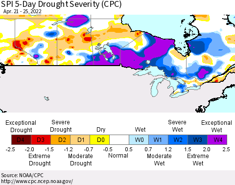 Canada SPI 5-Day Drought Severity (CPC) Thematic Map For 4/21/2022 - 4/25/2022