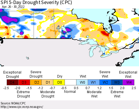Canada SPI 5-Day Drought Severity (CPC) Thematic Map For 4/26/2022 - 4/30/2022