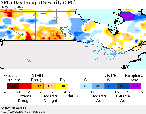 Canada SPI 5-Day Drought Severity (CPC) Thematic Map For 5/1/2022 - 5/5/2022