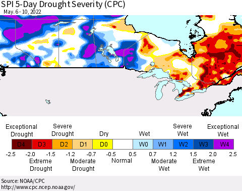 Canada SPI 5-Day Drought Severity (CPC) Thematic Map For 5/6/2022 - 5/10/2022