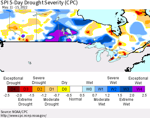 Canada SPI 5-Day Drought Severity (CPC) Thematic Map For 5/11/2022 - 5/15/2022