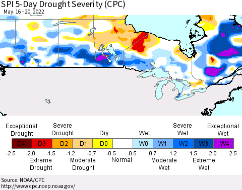 Canada SPI 5-Day Drought Severity (CPC) Thematic Map For 5/16/2022 - 5/20/2022