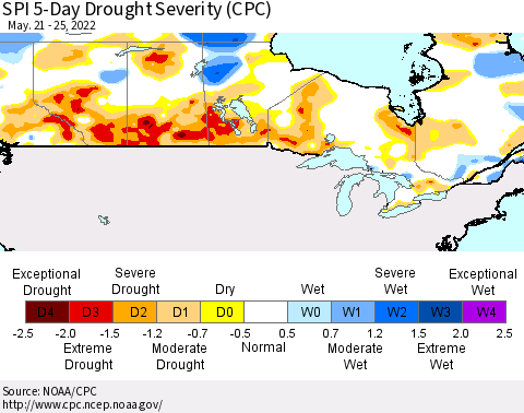 Canada SPI 5-Day Drought Severity (CPC) Thematic Map For 5/21/2022 - 5/25/2022