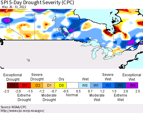 Canada SPI 5-Day Drought Severity (CPC) Thematic Map For 5/26/2022 - 5/31/2022