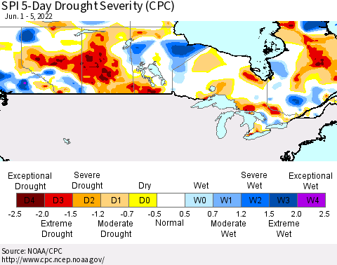 Canada SPI 5-Day Drought Severity (CPC) Thematic Map For 6/1/2022 - 6/5/2022