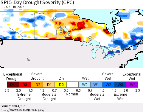 Canada SPI 5-Day Drought Severity (CPC) Thematic Map For 6/6/2022 - 6/10/2022