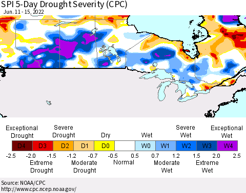 Canada SPI 5-Day Drought Severity (CPC) Thematic Map For 6/11/2022 - 6/15/2022