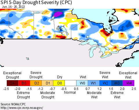 Canada SPI 5-Day Drought Severity (CPC) Thematic Map For 6/16/2022 - 6/20/2022