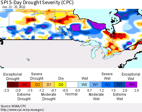 Canada SPI 5-Day Drought Severity (CPC) Thematic Map For 6/21/2022 - 6/25/2022