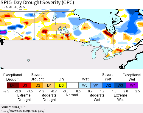 Canada SPI 5-Day Drought Severity (CPC) Thematic Map For 6/26/2022 - 6/30/2022