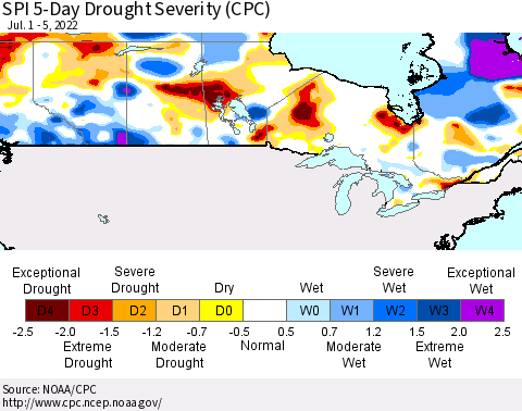 Canada SPI 5-Day Drought Severity (CPC) Thematic Map For 7/1/2022 - 7/5/2022