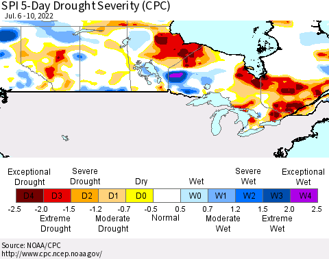 Canada SPI 5-Day Drought Severity (CPC) Thematic Map For 7/6/2022 - 7/10/2022