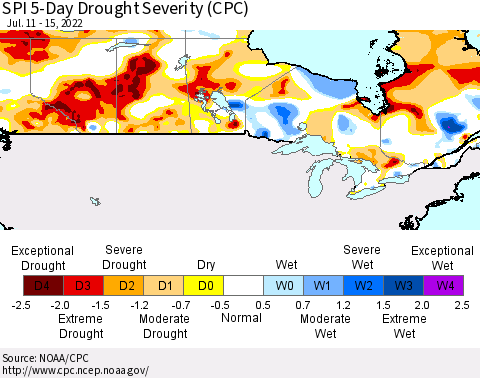 Canada SPI 5-Day Drought Severity (CPC) Thematic Map For 7/11/2022 - 7/15/2022