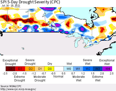 Canada SPI 5-Day Drought Severity (CPC) Thematic Map For 7/16/2022 - 7/20/2022