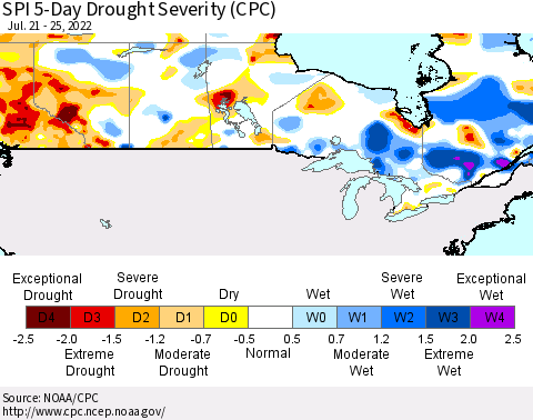 Canada SPI 5-Day Drought Severity (CPC) Thematic Map For 7/21/2022 - 7/25/2022