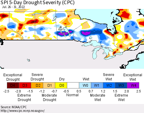 Canada SPI 5-Day Drought Severity (CPC) Thematic Map For 7/26/2022 - 7/31/2022