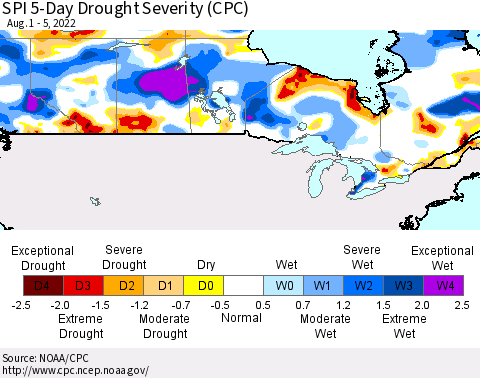 Canada SPI 5-Day Drought Severity (CPC) Thematic Map For 8/1/2022 - 8/5/2022