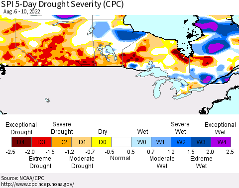Canada SPI 5-Day Drought Severity (CPC) Thematic Map For 8/6/2022 - 8/10/2022