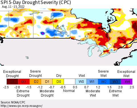 Canada SPI 5-Day Drought Severity (CPC) Thematic Map For 8/11/2022 - 8/15/2022
