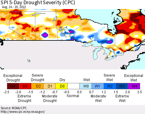 Canada SPI 5-Day Drought Severity (CPC) Thematic Map For 8/16/2022 - 8/20/2022