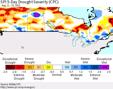 Canada SPI 5-Day Drought Severity (CPC) Thematic Map For 8/21/2022 - 8/25/2022
