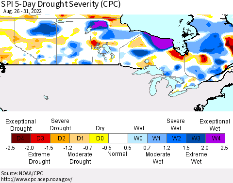 Canada SPI 5-Day Drought Severity (CPC) Thematic Map For 8/26/2022 - 8/31/2022