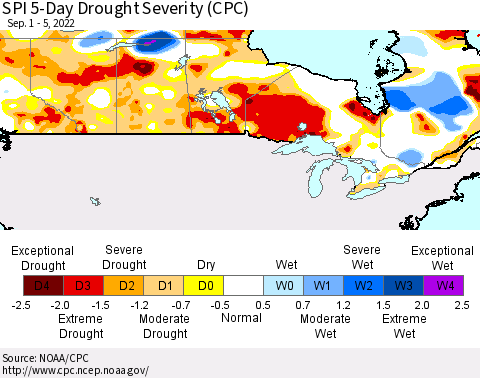 Canada SPI 5-Day Drought Severity (CPC) Thematic Map For 9/1/2022 - 9/5/2022