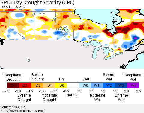 Canada SPI 5-Day Drought Severity (CPC) Thematic Map For 9/11/2022 - 9/15/2022