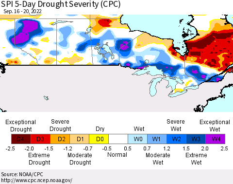 Canada SPI 5-Day Drought Severity (CPC) Thematic Map For 9/16/2022 - 9/20/2022