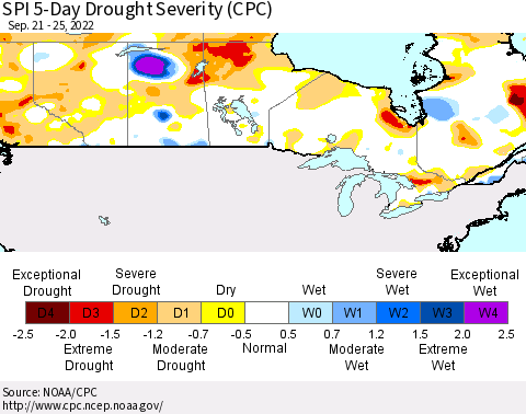 Canada SPI 5-Day Drought Severity (CPC) Thematic Map For 9/21/2022 - 9/25/2022