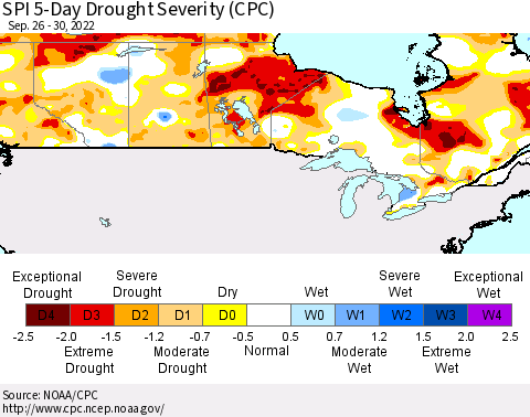 Canada SPI 5-Day Drought Severity (CPC) Thematic Map For 9/26/2022 - 9/30/2022