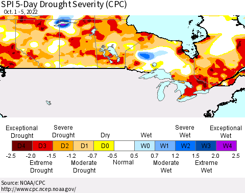Canada SPI 5-Day Drought Severity (CPC) Thematic Map For 10/1/2022 - 10/5/2022