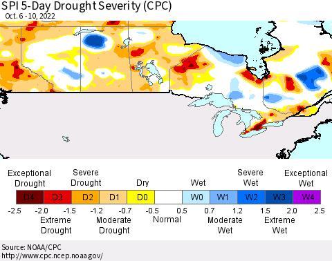 Canada SPI 5-Day Drought Severity (CPC) Thematic Map For 10/6/2022 - 10/10/2022