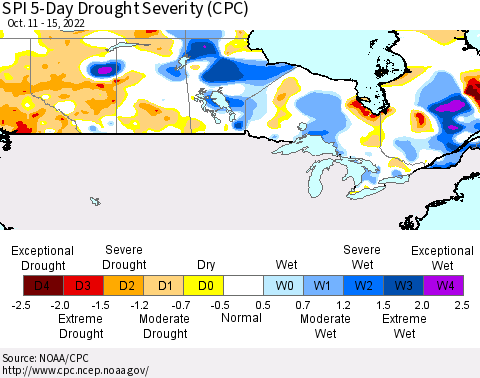Canada SPI 5-Day Drought Severity (CPC) Thematic Map For 10/11/2022 - 10/15/2022